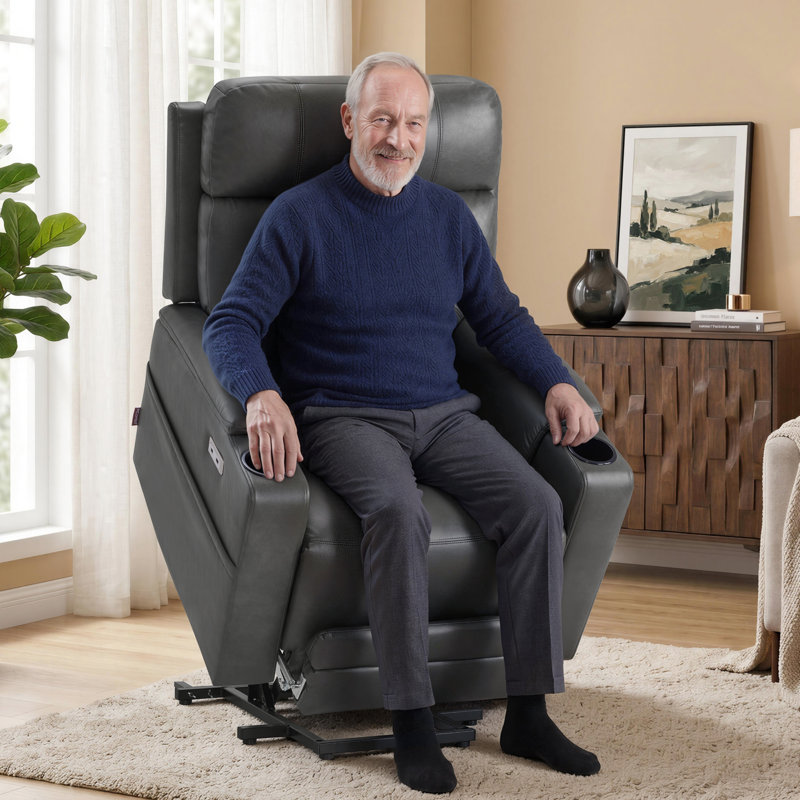 Dual Motor Lay Flat Power Recliner Lift Chair with Heat and Massage, Faux Leather, Grey