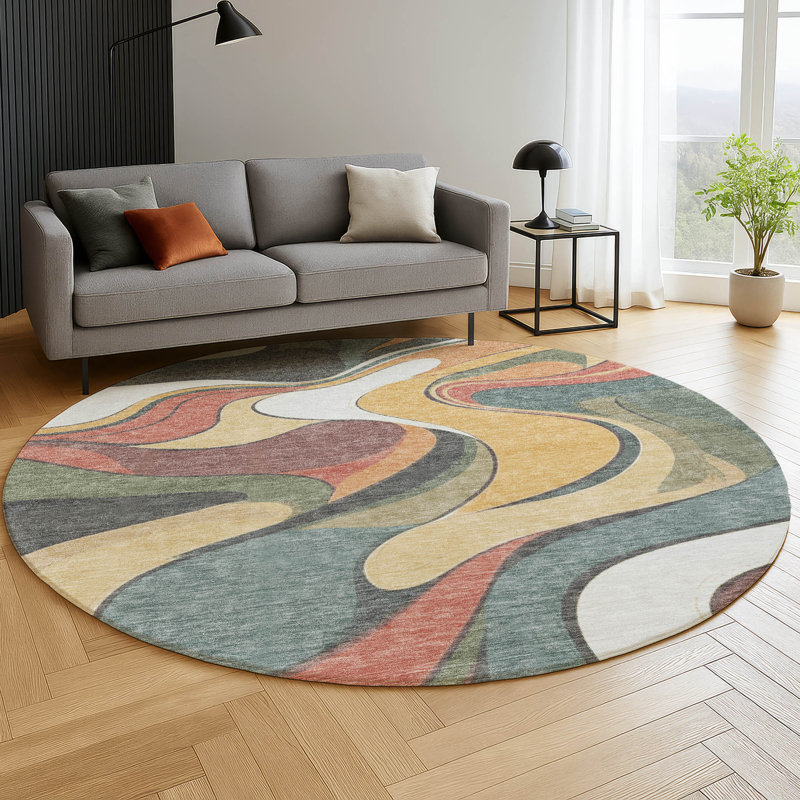 Premium Machine Washable Mayfield  swirls Rug, Gold, 8' Round