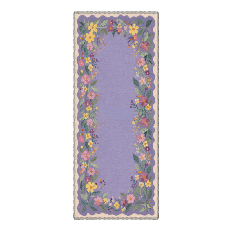 Verdant Floral Machine Washable Purple / Yellow / Green / Beige Indoor Area Rug with Non-Slip Backing, Round 5'
