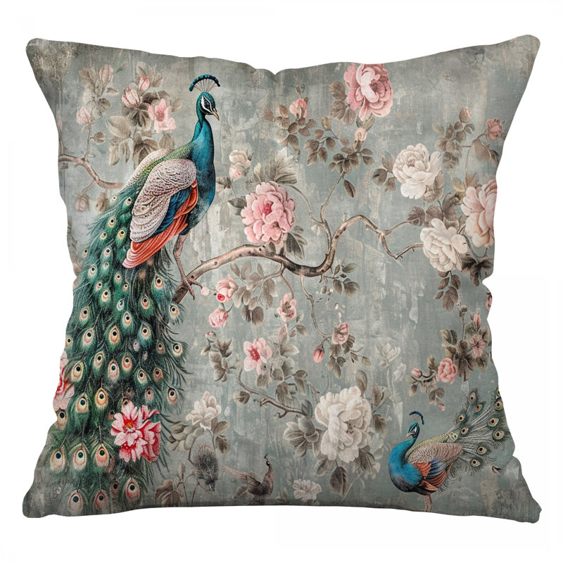 Peacock Bird Microsuede Reversible Throw Pillow, 14"H x 14"W
