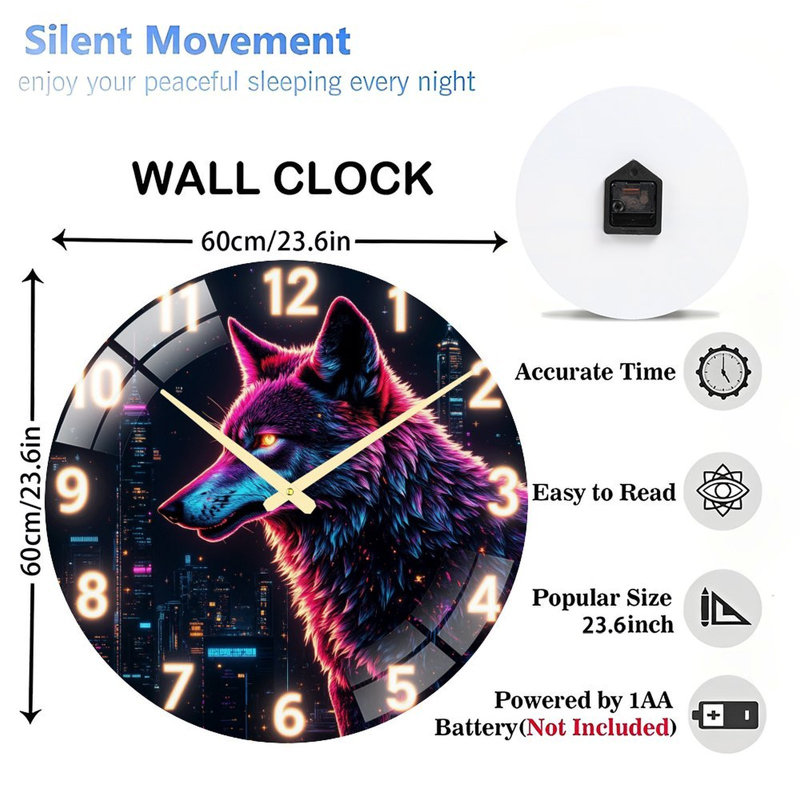 Horloge murale 24 po Neon Wolf