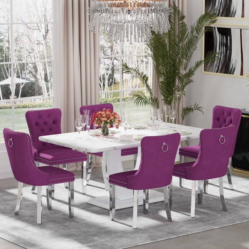 Ensemble de table de salle à manger rectangulaire, Mauve, 7, Blanc / argenté