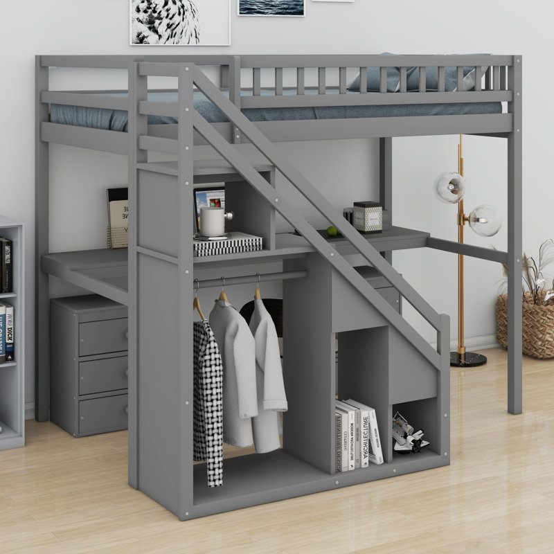 Lit mezzanine avec commode, bureau et bande lumineuse, Gris, Lit simple