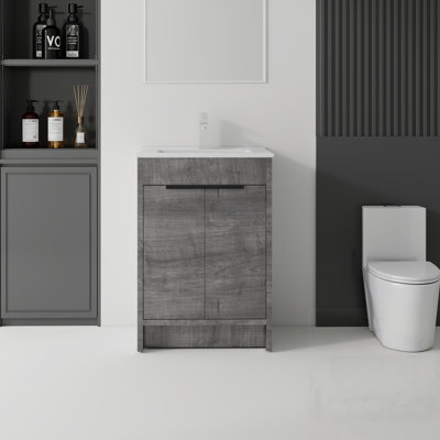 Meuble-lavabo autoportant avec lavabo, tiroir à fermeture en douceur, lavabo en céramique, contreplaqué