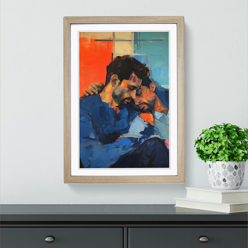 Two Men In Love Gestural - Single Picture Frame Print on Wood, Oak Framed, 46cm H x 34cm W