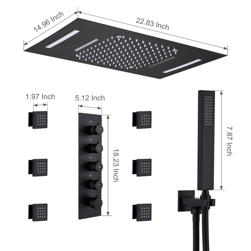 Rodeo 23"Lx15"W Flush Mounted LED Bluetooth Music Thermostatic Complete Shower System with 6 Body Jets, Matte Black