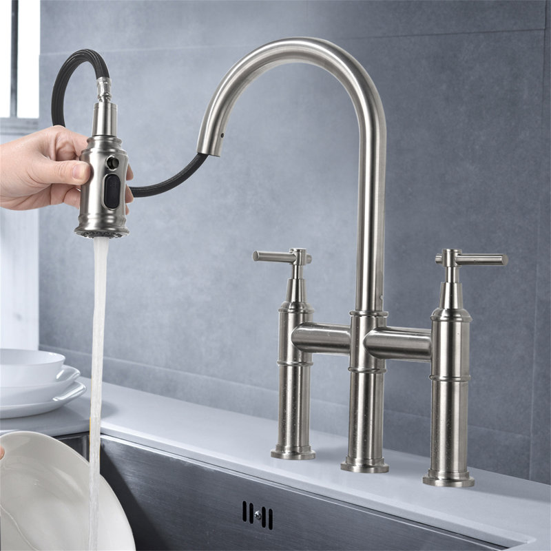 Bridge Kitchen Faucet With Pull-Down Sprayhead In Spot, Brushed Nickel