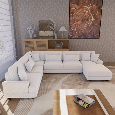 129-inch Extra-large U-shaped Sectional Sofa, Modern Design With Soft Corduroy Upholstery And Recliner, Ideal For Living Room, Beige.