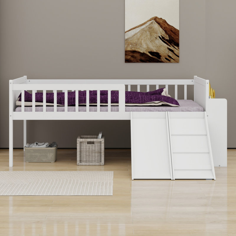 Structure de lit plateforme avec tablette de rangement, glissoire, échelle et barrière de sécurité, Blanc
