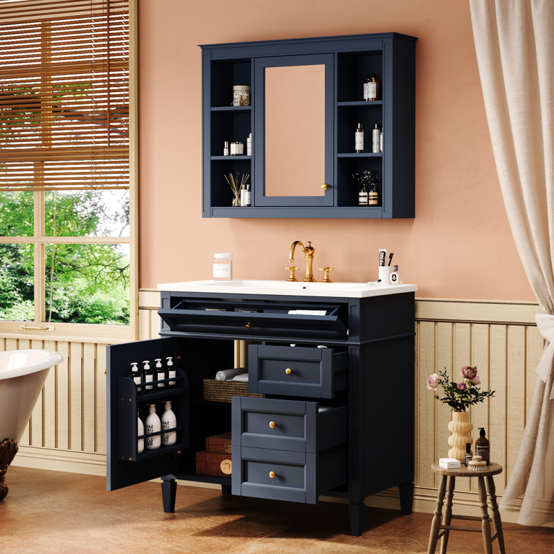 Meuble-lavabo de 36 po avec lavabo, forme rectangulaire, bleu, bois massif et fabrication, 3 tiroirs en résine, armoire à miroir, tablettes réglables, rangement dissimulé, glissières de tiroir polyvalentes en métal lisse,