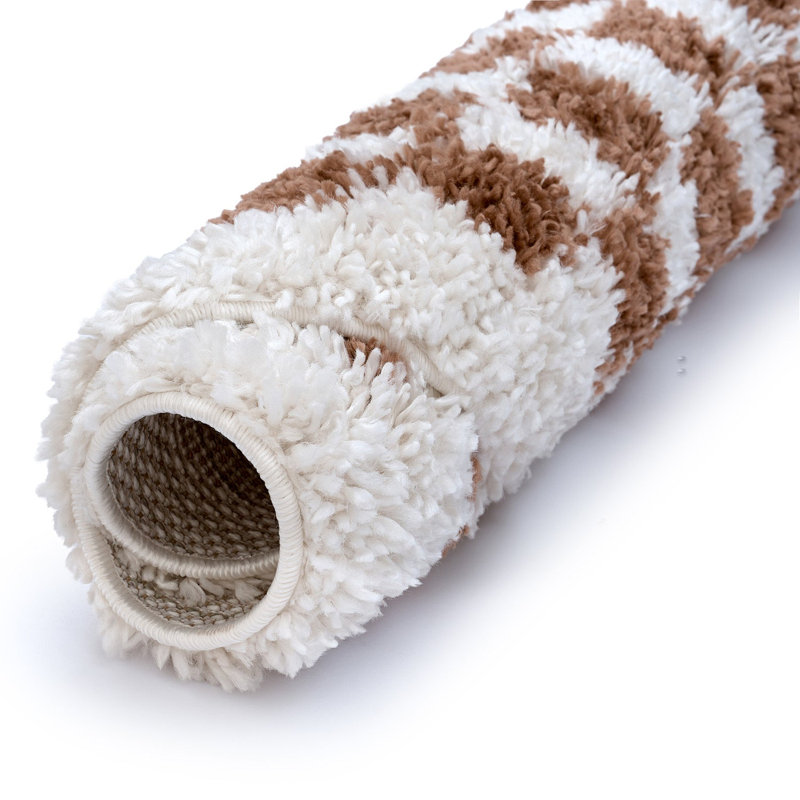 Moodi Modern Shaggy Area Rug Checkered Design, Round 120 cm, Off-White/Terra