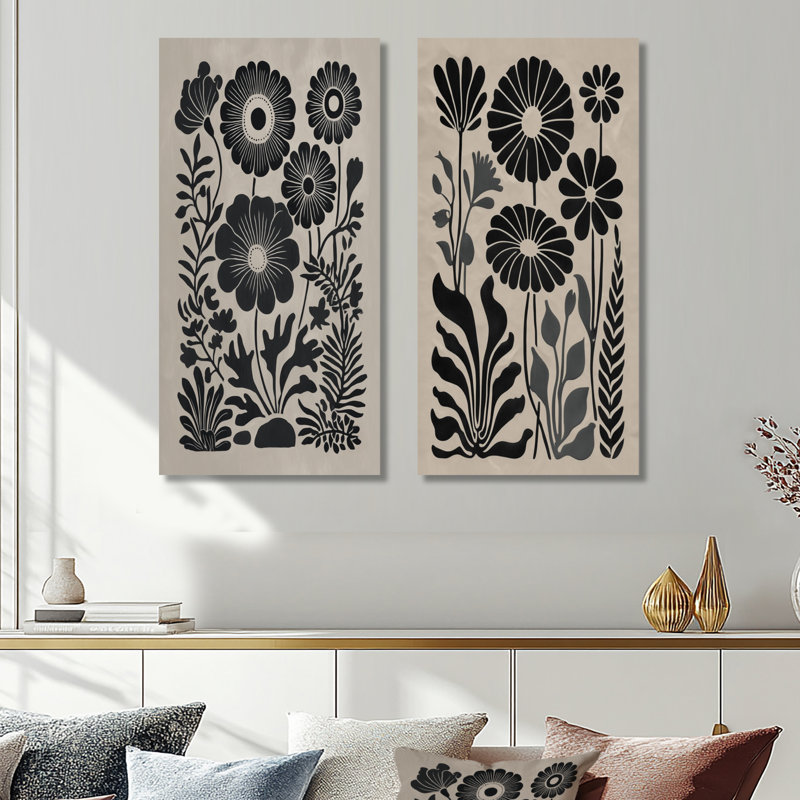 Bleuet pré dans des tons de noir et de beige II - Botanique 2 panneaux de décoration murale en métal, 32" H x 32" W
