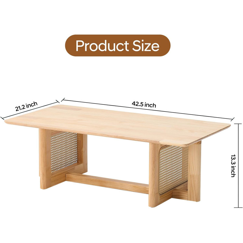 Natural Solid Wood Rectangular Coffee Table with Rattan Stand