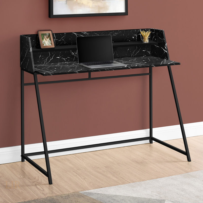 Contemporary Black Marble Look Computer Desk With Storage Shelves For Home Office And Laptop, Sturdy Metal Frame, 48 Inch Length