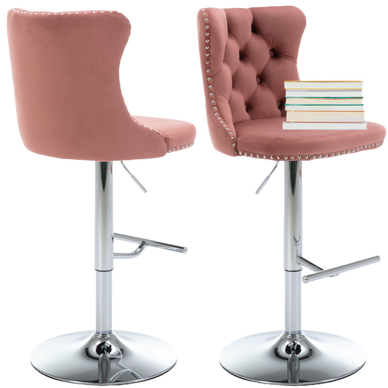 Pink Velvet Swivel Bar Stools with Chrome Base, Set of 2