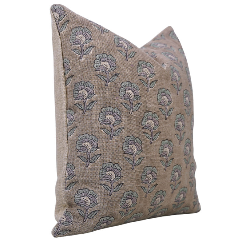 Block Print Throw Pillow Cover MNHGRTLSquare, Rectangle 12"H x 20"W, Brown/Blue Floral 5