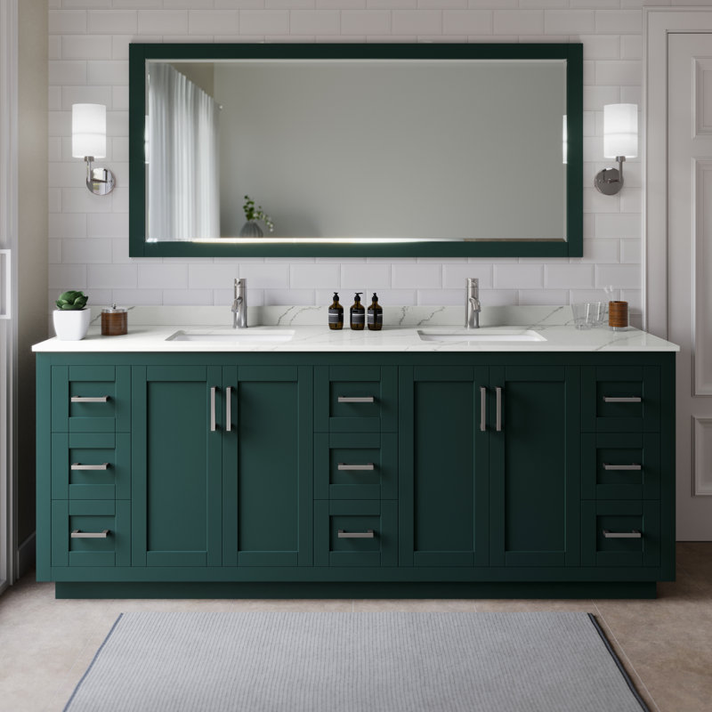 Miranda 84" Freestanding Double Bathroom Vanity with Quartz Top, Giotto Quartz, Green, Brushed Nickel
