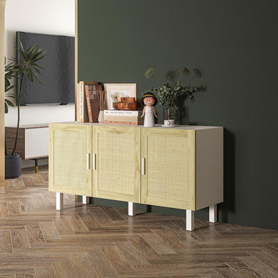 Buffet buffet et armoire à café - 3 portes en rotin avec tablettes réglables pour la cuisine et le salon, blanc et naturel