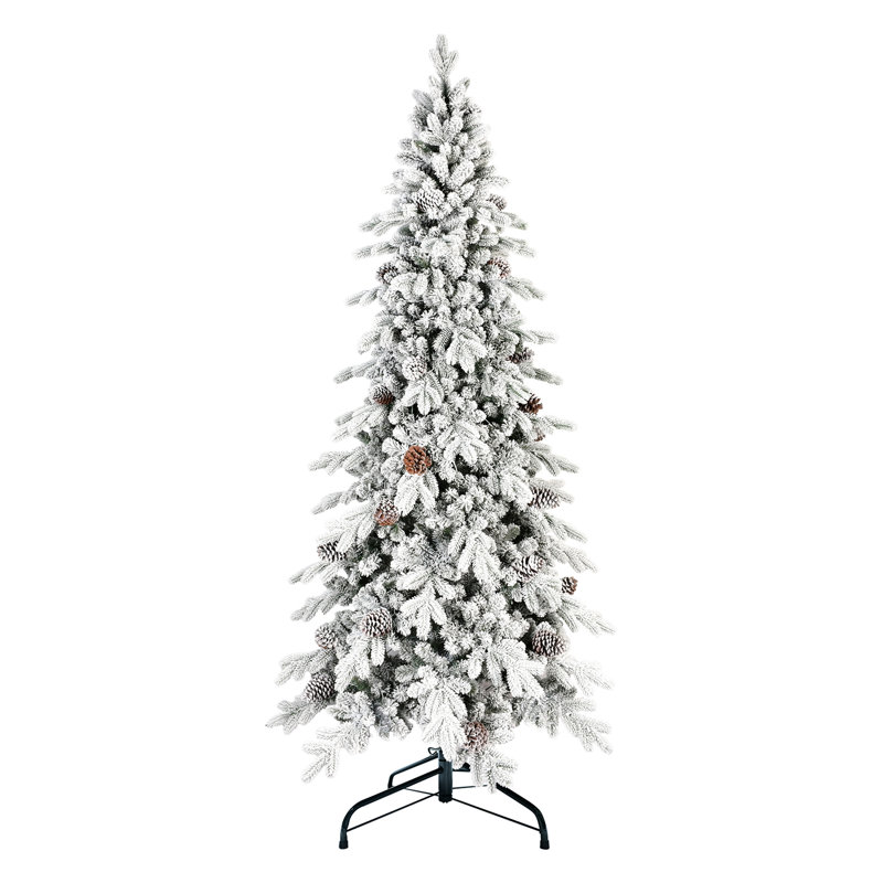 Arbre de Noël enneigé 8 pi avec 44 branches de pin, 1634 pointes, peu encombrant pour les petites pièces, branches articulées, assemblage facile, base en métal stable et faible densité naturelle, aspect neigeux rapide