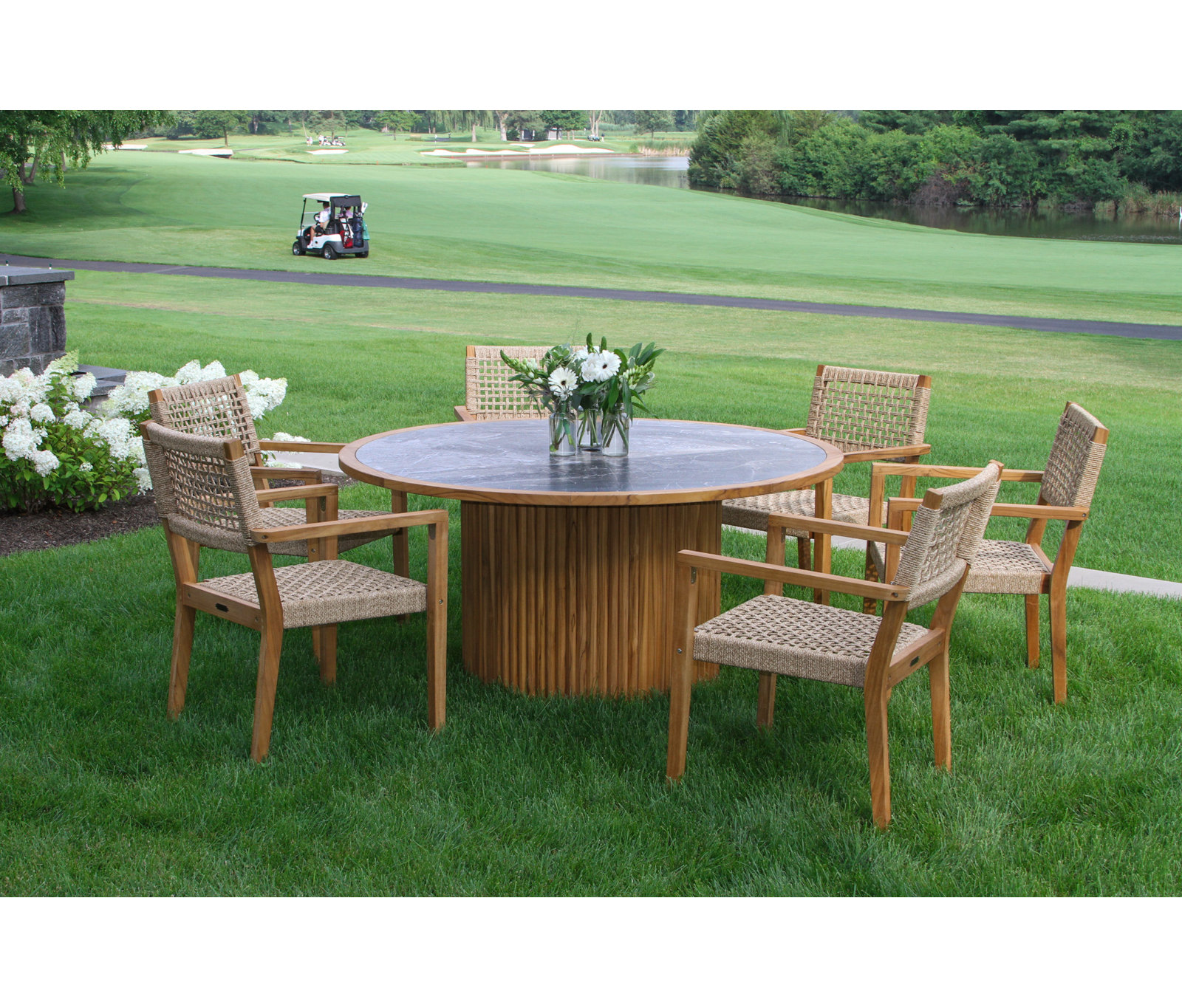 Cava 60" Teak Patio Dining Set, Gray, White/Natural