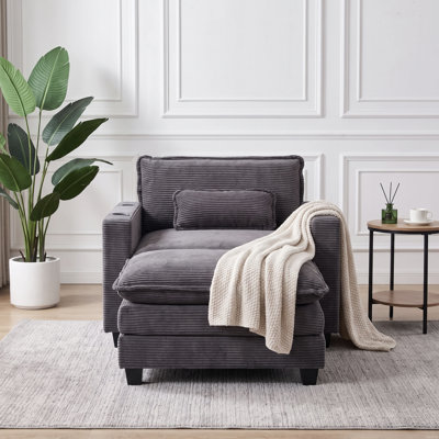 Fauteuil d'appoint surdimensionné en velours côtelé de 41 po de largeur avec repose-pieds, port USB et porte-gobelets