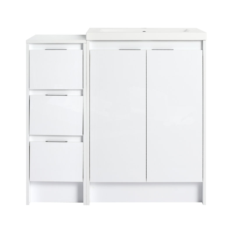 Meuble-lavabo autoportant de 36 po avec lavabo en résine et 1 armoire de rangement, portes et tiroir à fermeture en douceur, blanc brillant, contreplaqué (emballage KD)
