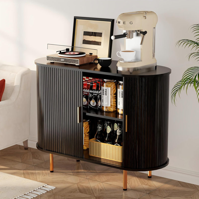 Storage Cabinet, Fluted Sideboard Buffet Cabinet With Tambour Sliding Doors& Adjustable Shelf, Accent Coffee Bar Console Table For Kitchen, Living Room, Entryway