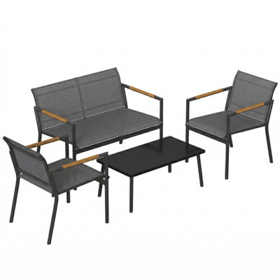 4 Seater Grey Metal Garden Sofa Set with Loveseat, 2 Armchairs, Breathable Mesh Seats and Coffee Table