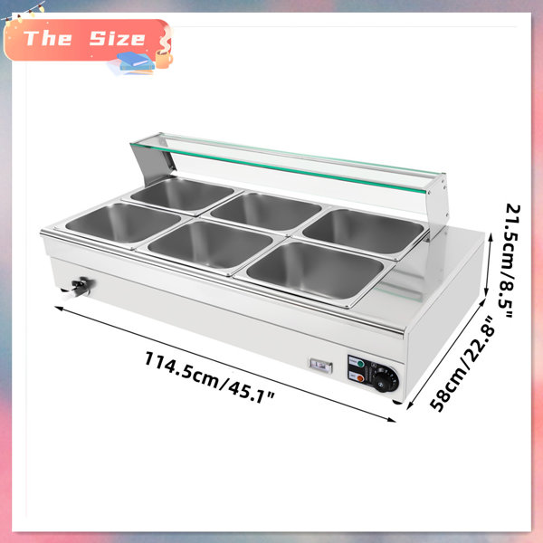 VEVOR 10-Pan Commercial Food Warmer 10 x 12qt Electric Steam Table with Tempered Glass Cover 1800W Countertop Stainless Steel Buffet Bain Marie