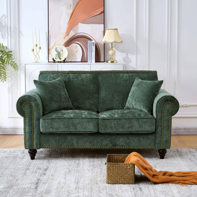 63" Modern 2-Seater Sofa With Rolled Arms,Chenille Upholstered Couch With Wood Legs And Nailhead Trim For Living Room, Apartment,Green