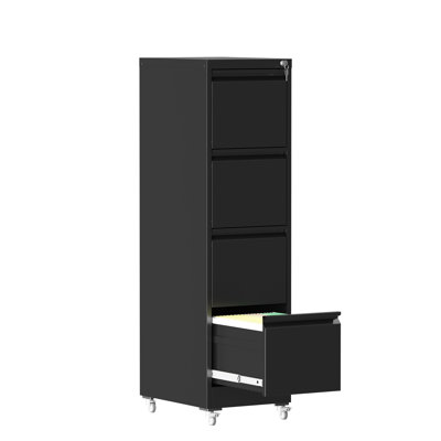 4 Drawer Metal Locking Vertical File Cabinet On Wheels – Heavy-Duty Lockable Cabinet For Home & Office, Black, 17.71"D*15.16"W*52.28"H,Black