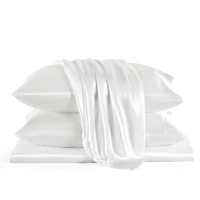 Bedsure Satin Sheets Full Size–4 Piece Silky Bed Set, 15" Deep Pocket Fitted Sheet, Flat Sheet & 2 Pillowcases, Buttery-Smooth, Good for Hair & Skin (Pure White)