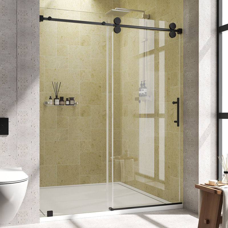 56–60" W x 76" H Frameless Single Sliding Shower Door with 3/8" Tempered Glass and Stainless Steel Hardware, Matte Black