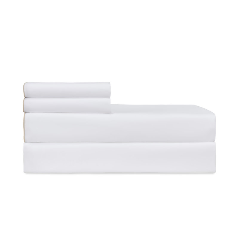 Arlo Percale Sheet Set, White/Cappuccino, Twin Sheet Set with 2 Standard Pillowcases