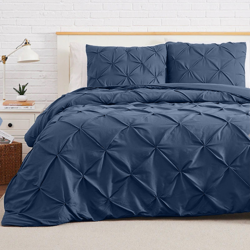  Luxurious Microfiber Pintuck Design Duvet Cover With Pillowcases , King Duvet Cover + 2 Standard Pillowcases, Navy