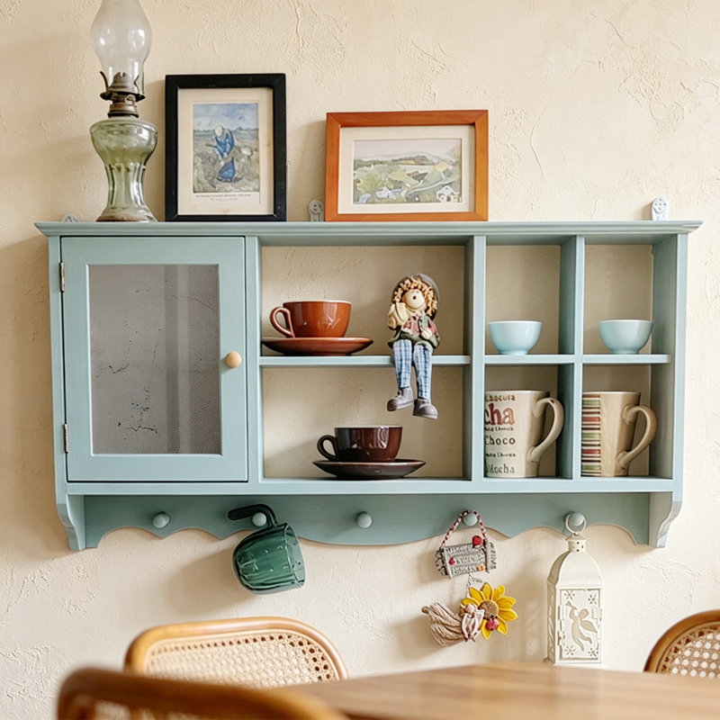 Étagère murale en bois massif bleu antique avec porte vitrée