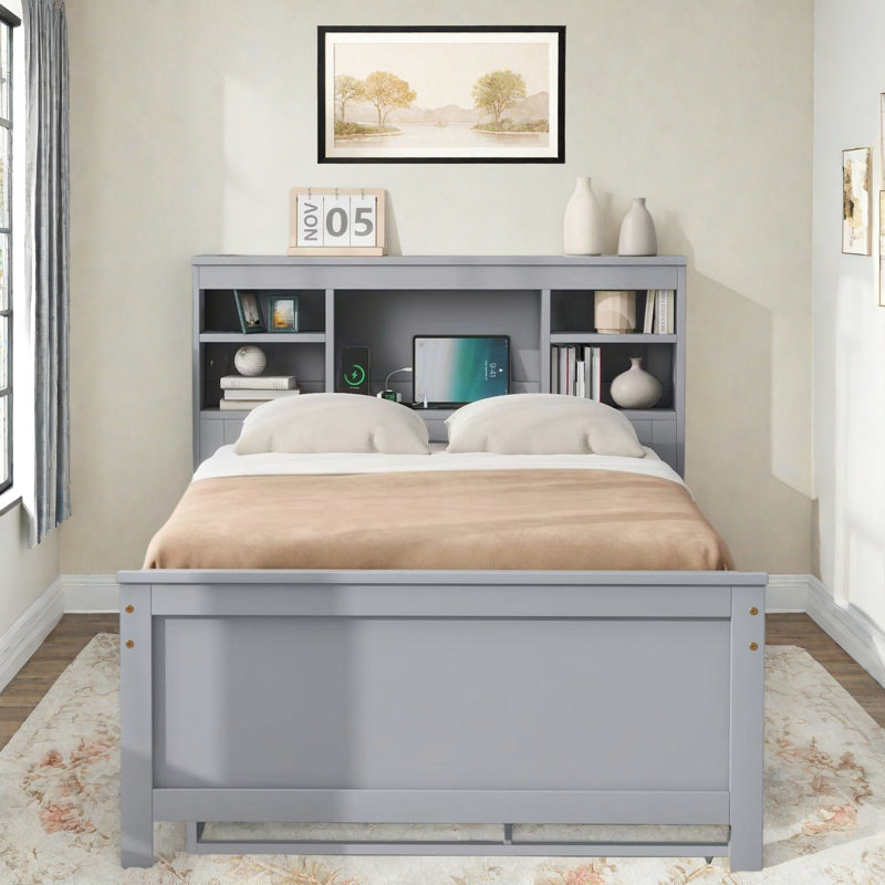 Lit plateforme avec tête de lit avec rangement, USB et 3 tiroirs, Gris