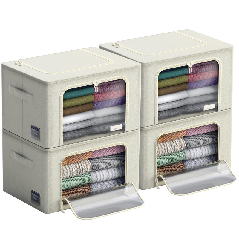 Medium Storage Box Foldable with Window & Handles 4 Pack, Beige