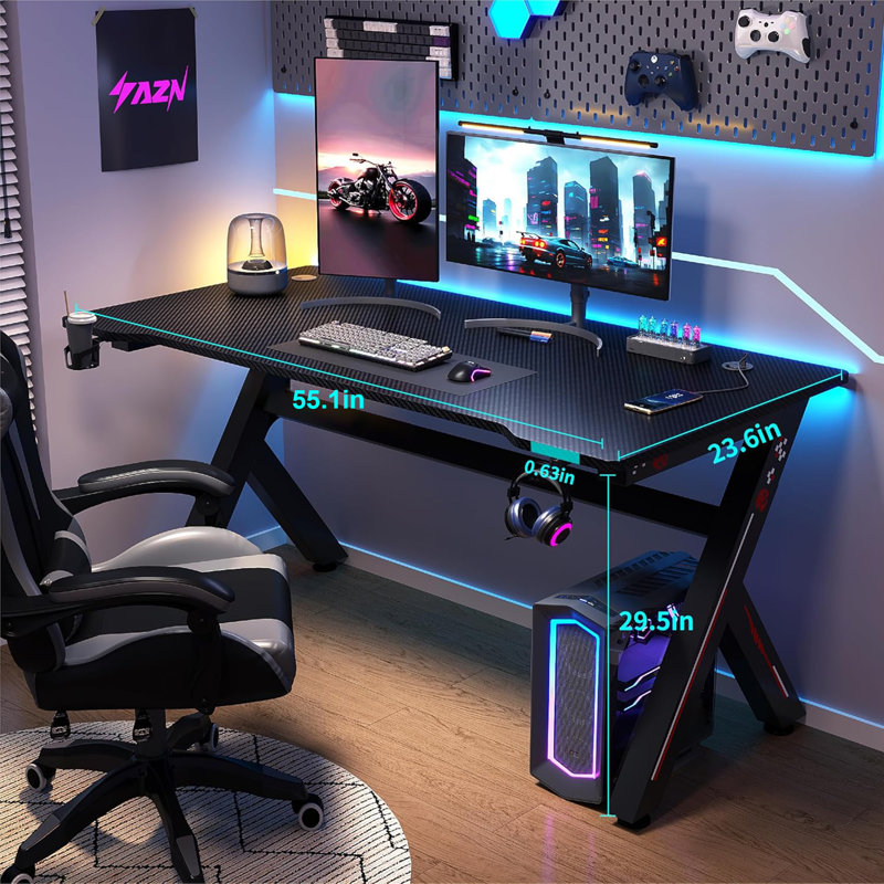 Gaming Desk Computer Table W/Cup Home Office, Black, 29.5" H x 55.1" W x 23.6" D