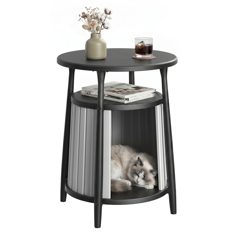 Cat House Round Side Table – Pet Friendly, Portable Indoor Outdoor, Gray