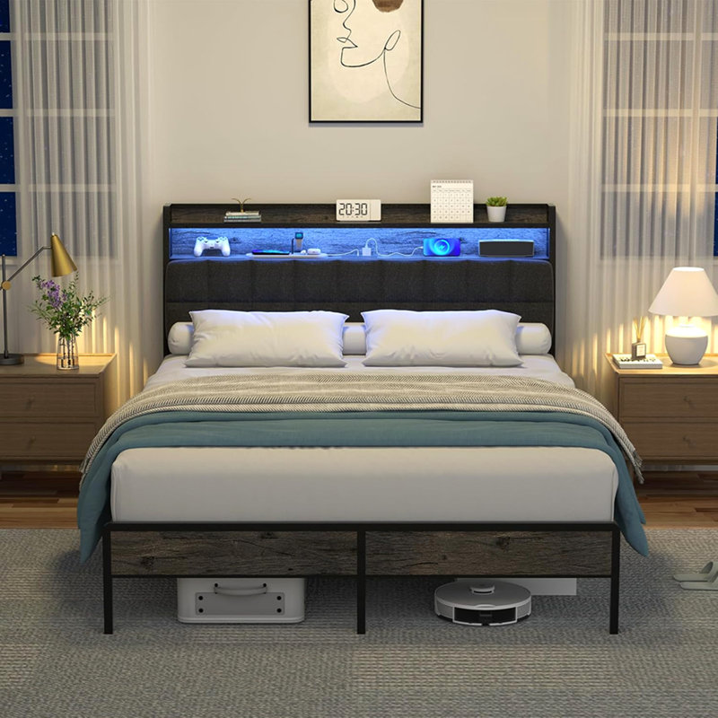 Queen Bed Frame, Ergonomic Headboard with Multi-Space Storage, Bedframe with Charging Station RGB LED Lights