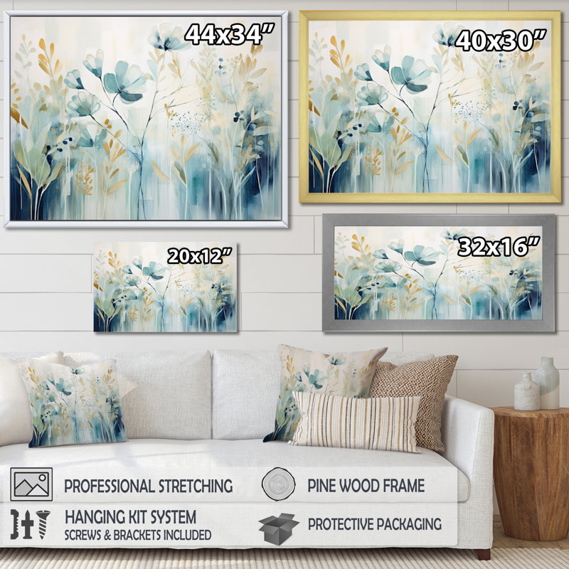 Impression sur toile botanique, impression de jardin floral bleu - Jardin botanique bleu II, H 34 po x l 44 po x P 1,5 po