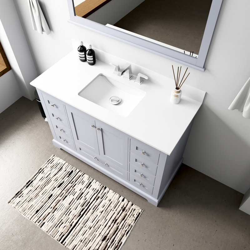 48 po De salle de bain gris foncé avec comptoir en quartz blanc, robinet, 46 miroirs et teinture, robinet de salle de bain