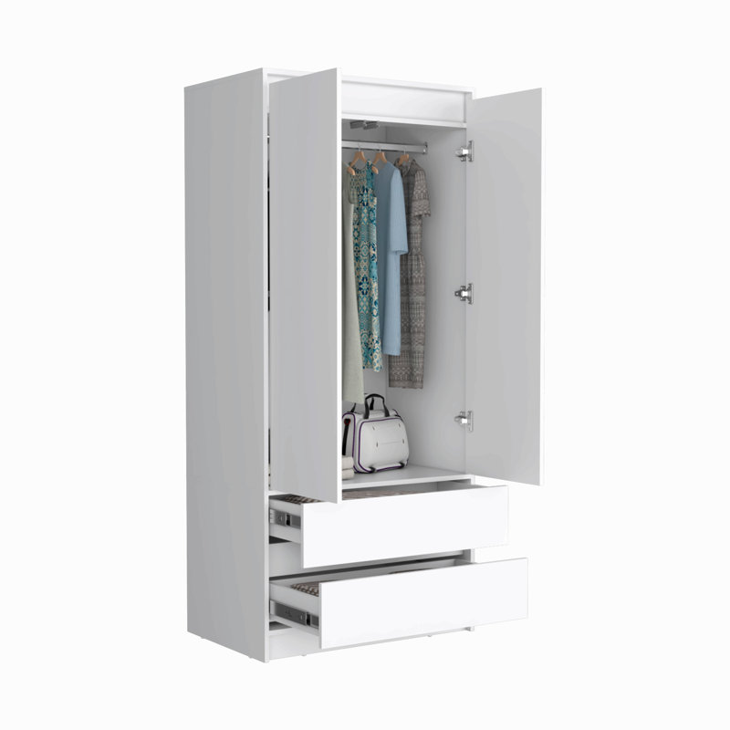 Armoire 2 tiroirs, porte double, tringle, White