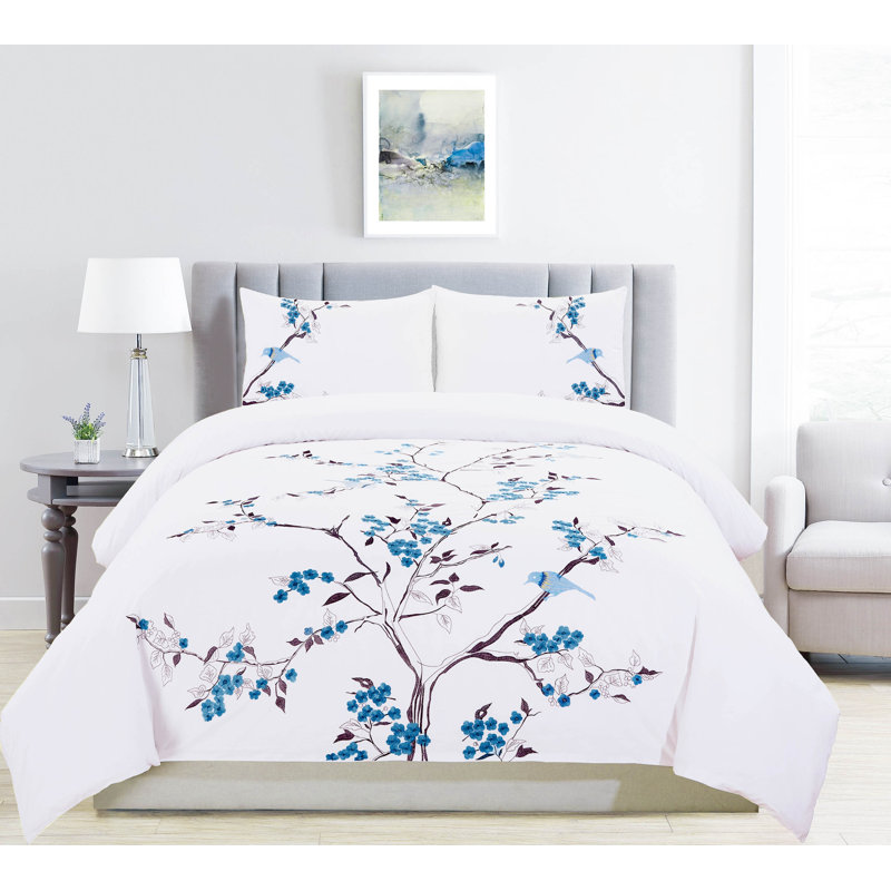 Superior Cherry Blossom Embroidered Cotton Duvet Cover Set, Full/Queen, Blue