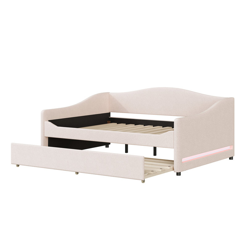 Teddy Fleece Upholstered Daybed With Light And Trundle, Beige, Twin