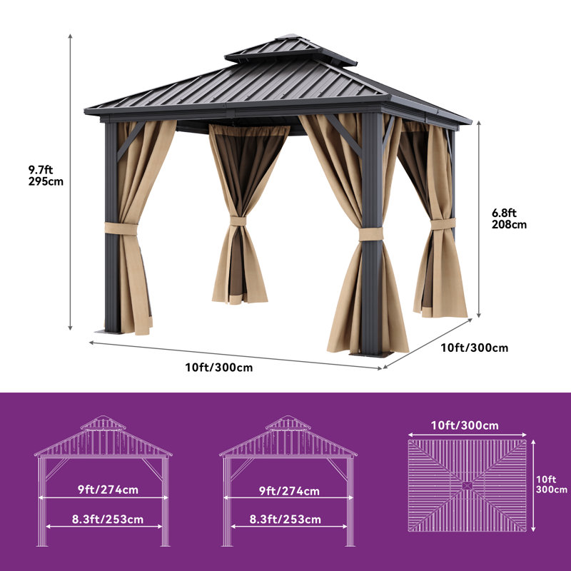 Pavillon de jardin en aluminium à toit double avec toit rigide, 10 pi x 10 pi, Brun