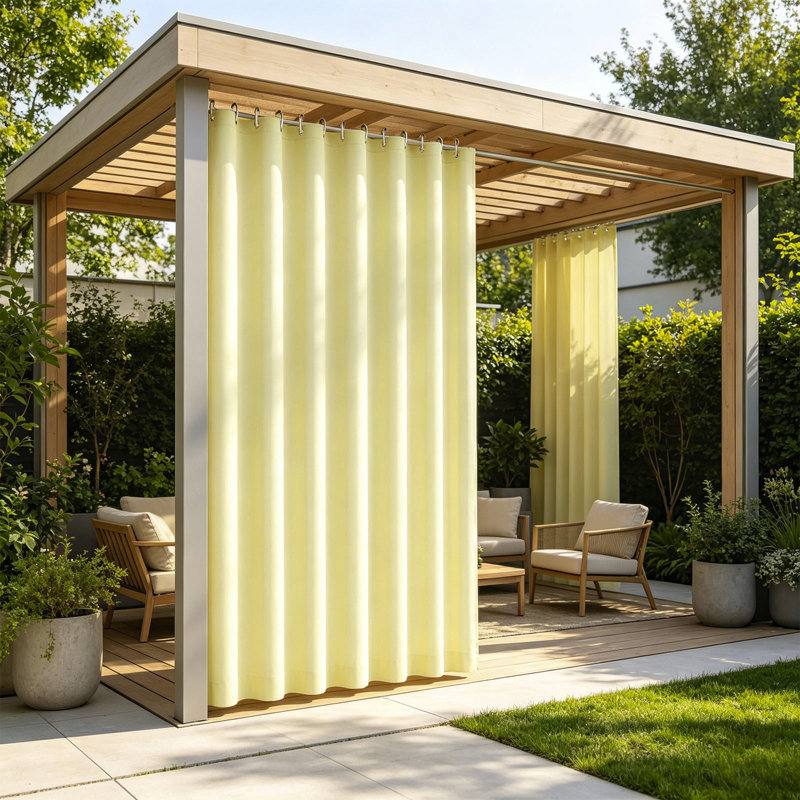 Rideau simple imperméable de couleur unie pour l'extérieur, compatible avec les patios et les pergolas, offrant une protection contre le vent et la pluie avec des anneaux en plastique