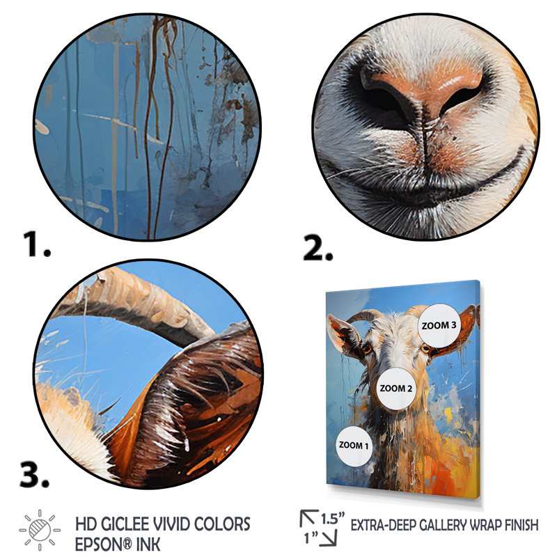 Blanc blanc Pop Art Portrait de chèvre - art mural animal de chèvre, Cadre flottant doré, 32" H x 24" W