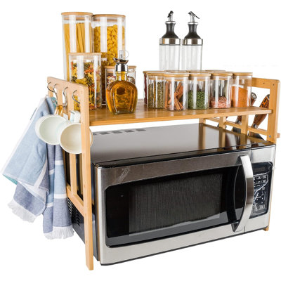Bamboo Microwave Oven Rack With Hooks And BuiltIn Knife Holder Microwave Shelf Microwave Rack Microwave Stand Countertop Microwave Shelf Countert